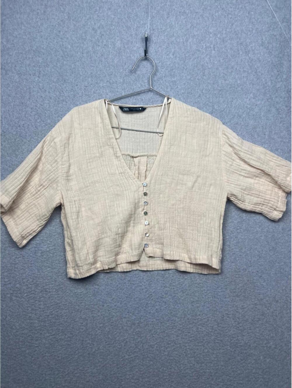 Zara Gauze Cropped Button Up Blouse Womens S Lagenlook Boho Minimalist Beach